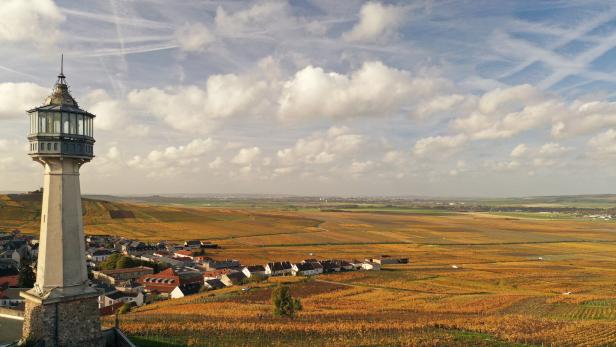 Ein Leuchttürm über Weinbergen im Herbst.