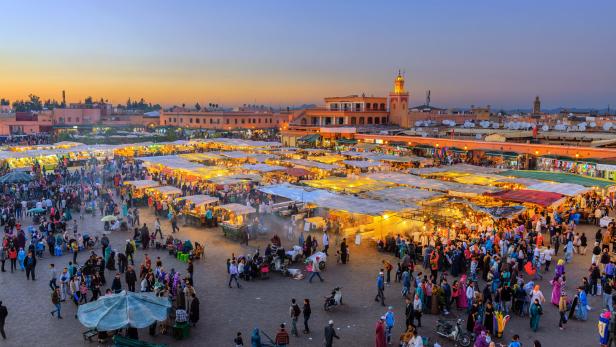 Evening Djemaa El Fna Square with Koutoubia Mosque, Marrakech, Morocco