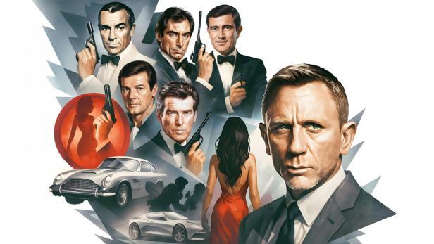 Eine Collage verschiedener James-Bond-Darsteller, Autos und einer Frau im roten Kleid.