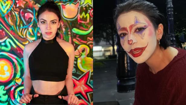 Marian Izaguirre in Selfiepose und mit Clownsmakeup
