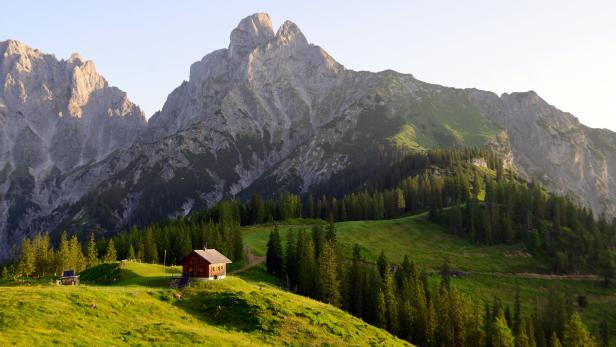 Reichenstein Gipfel, Almwiese und eine Almhütte davor.
