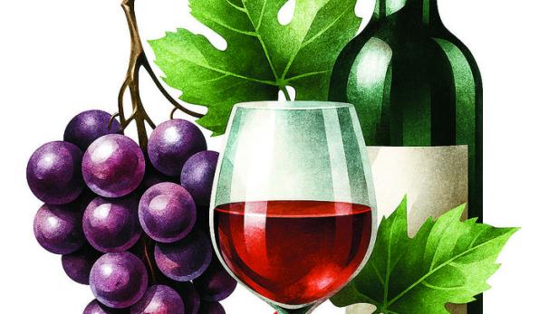 Eine Flasche Rotwein, ein Glas Wein und eine Traube mit Blättern.