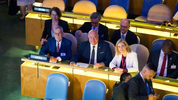 Delegierte, darunter Alexander Van der Bellen, sitzen bei einer UN-Versammlung hinter Tischen mit Länderschildern.