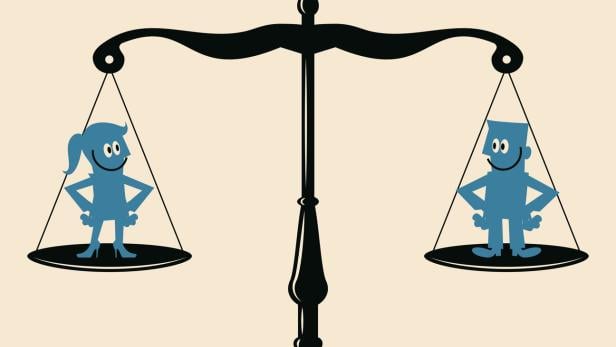 Geschlechtergleichstellung: Lächelnder Geschäftsmann und Geschäftsfrau stehen auf einer gleichgewichtigen Waage.
