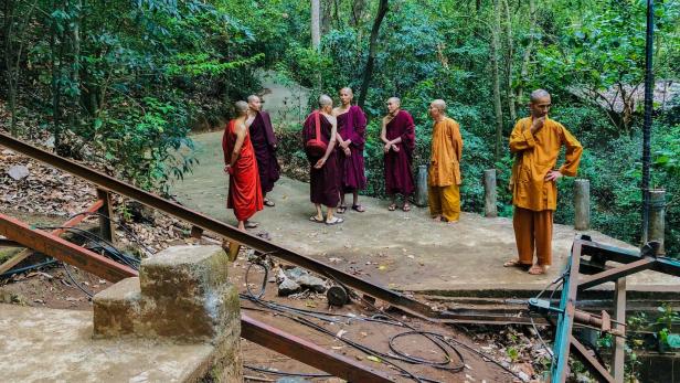 Mehrere buddhistische Mönche stehen barfuß in traditionellen Roben auf einem Weg im grünen Wald und unterhalten sich.