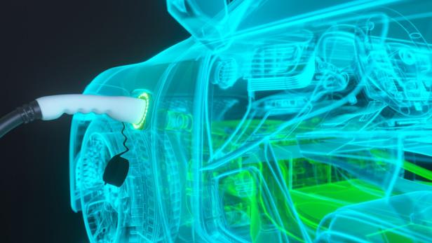Electric car hologram being charged 3d render