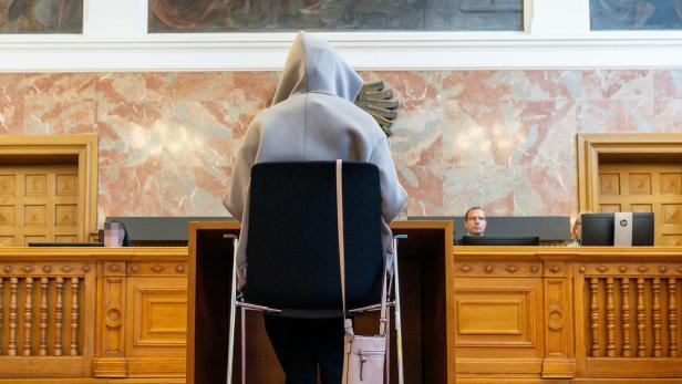Frau sitzt mit dem Rücken zur Kamera in Gerichtssaal
