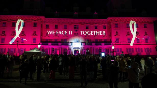 Schloss Esterhazy ist rosa beleuchtet, mit der Aufschrift "WE FACE IT TOGETHER" und Schleifen, während eine Menschenmenge davor steht.