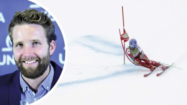 Marco Schwarz Porträtfoto neben Marco Schwarz beim Skirennen