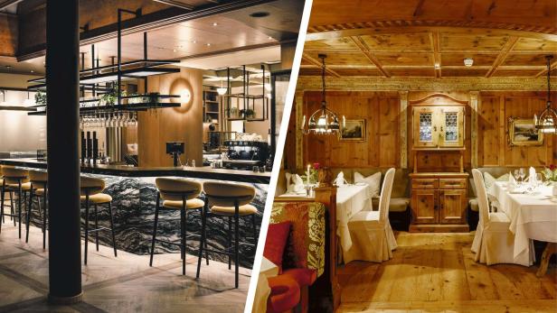 Vergleich: ein moderner Gastraum und ein traditionell eingerichteter Raum.