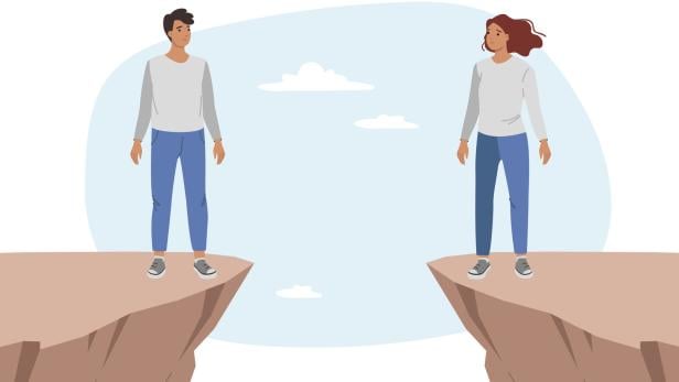 Grafik: Mann und Frau stehen auf Felsen, sie trennt eine Schlucht