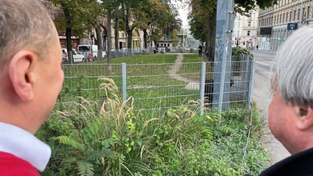 46-219306264 Zwei Männer blicken mit dem Rücken zur Kamera in eine Hundezone, wo sich zwei Menschen einen Schuss setzen.