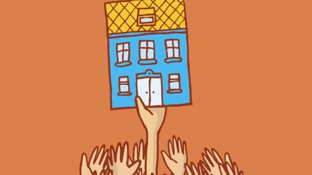 Viele Hände greifen nach einem Haus: 
