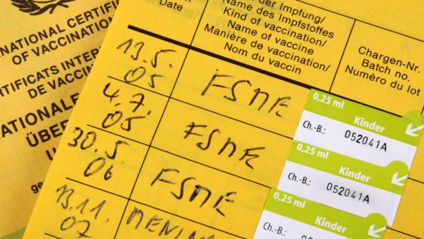Die Erstimpfung gegen FSME sollte bereits in der Kindheit passieren, kann aber auch im Erwachsenenalter nachgeholt werden. Ein gelber internationaler Impfausweis mit handschriftlichen Einträgen und Impfstoffaufklebern für FSME-Impfungen.