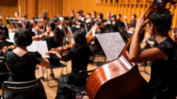 Orchester mit Streichinstrumenten in einem Konzertsaal, Musiker tragen schwarze Kleidung.