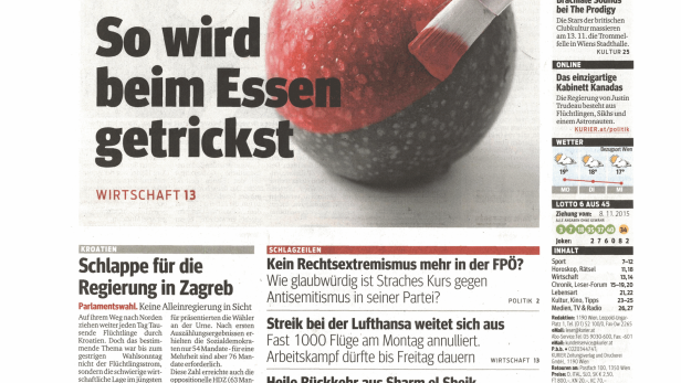 Titelseite des Kurier vom 9. November 2015 mit Artikeln zu verschiedenen Themen.