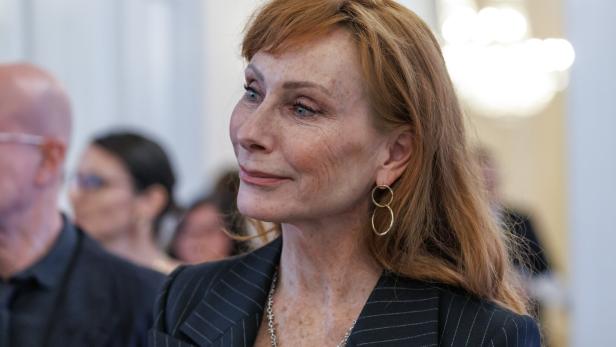 Andrea Sawatzki Andrea Sawatzki mit rötlichem Haar, Ohrringen und einem gestreiften Blazer blickt aufmerksam zur Seite.