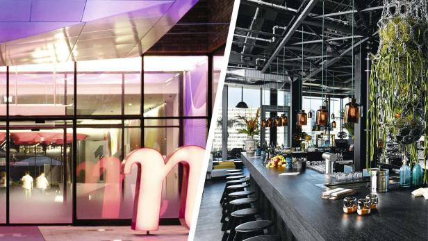 Gegenüberstellung: Links der Eingang zum Nhow mit einem großen N-Aufsteller neben der Türm. Rechts: die Bar des 25hours mit Pflanzen, die von der Decke herunterhängen