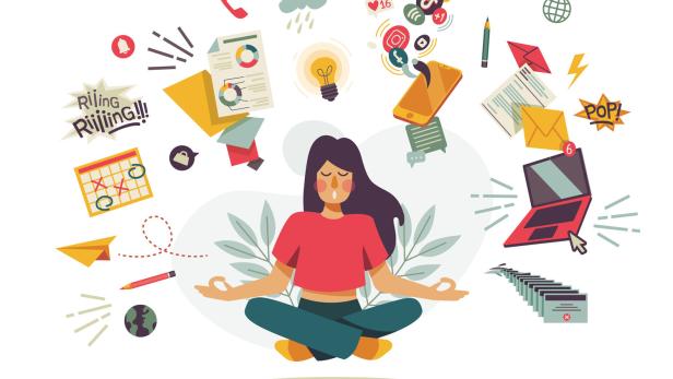 Woman meditating in calm, with mental load. Eine Frau im Dauerstress meditiert.
