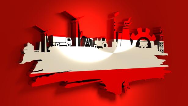 Symbolbild Standort Österreich Live-Event "Stars in Red-White-Red" Auf rotem Grund zeigt sich eine stilisierte Industrielandschaft in den Farben der österreichischen Flagge.