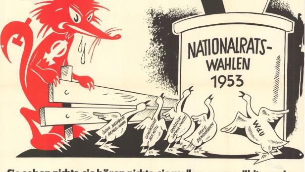 Wahlplakat aus 1953 mit rotem Fuchs im Mittelpunkt