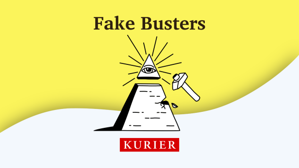 Eine stilisierte Pyramide mit einem allsehenden Auge und dem Text „Fake Busters“.