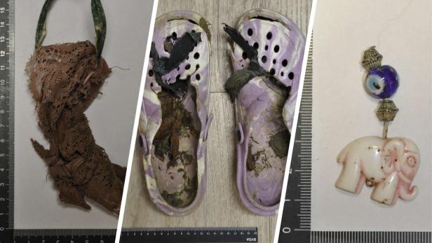 46-219798133 Hier sind drei Fundstücke zu sehen: ein Spitzen-BH, ein Paar Clogs mit Pflanzenresten und ein Elefanten-Anhänger.
