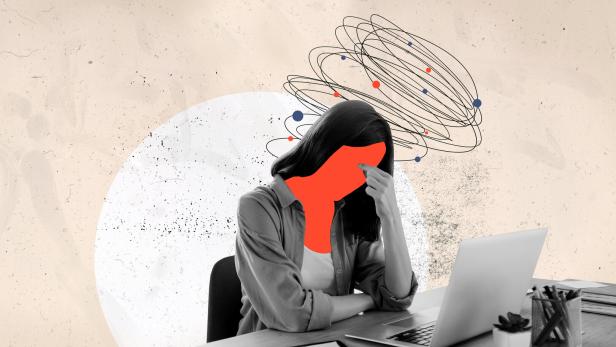 Trend artwork 3D photo collage sketch image of young sad stressed lady with headache burnout deadline overloaded tired work in office