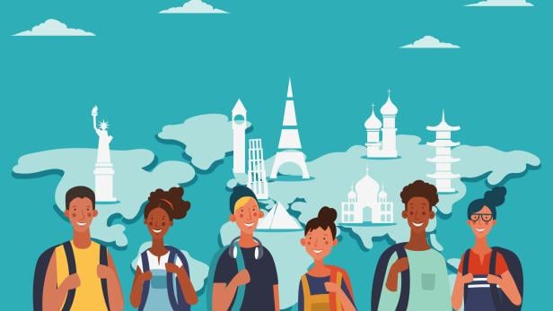 Junge, lächelnde Menschen mit Rucksäcken. Vektorkonzept-Illustration zu Reisen, Urlaub, Ferien und Abenteuern – mit Weltkarten-Hintergrund.