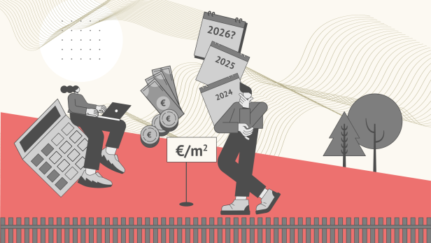 Stilisiertes Bild von zwei Personen auf einem Grundstück mit Taschenrechner, Laptop, Geld, Kalender, Bäumen und einem Preisschild.