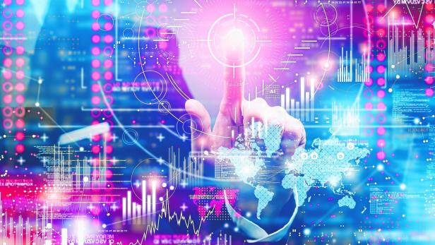 Businessman in office using corporate infographic erikona