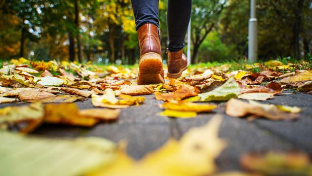 legs of a woman in brown boots walking in a park