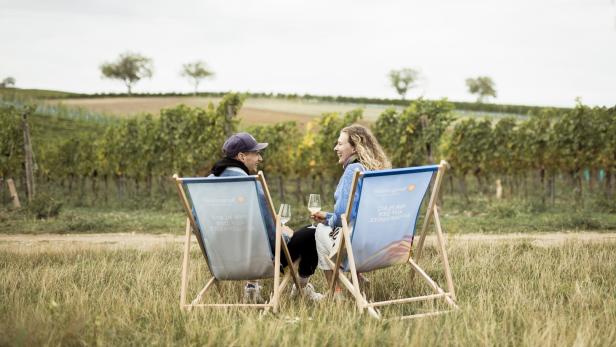 Zwei Menschen sitzen in Liegestühlen auf einer Wiese vor einem Weinberg und unterhalten sich bei einem Glas Wein.
