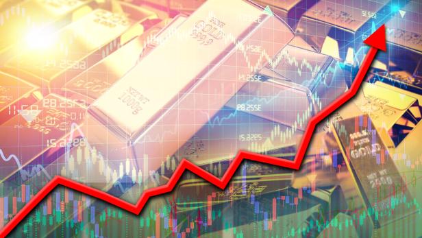 Gold price rises on the financial market. Gold price increases on market chart