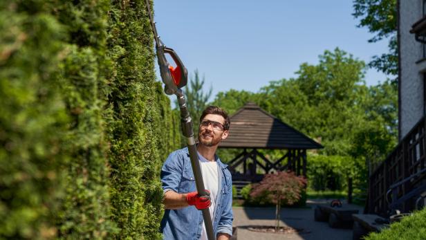 Ein Mann schneidet eine Hecke (Symbolbild)