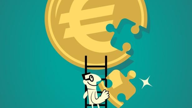 Businessman climbing ladder to complete euro sign (european union currency ) jigsaw puzzle