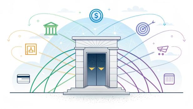 Minimalistische Illustration eines Tempels mit geschlossenen Türen, umgeben von Symbolen wie Geldzeichen, Zielscheibe, Kreditkarte und Kalender, verbunden durch bunte Linienbögen.