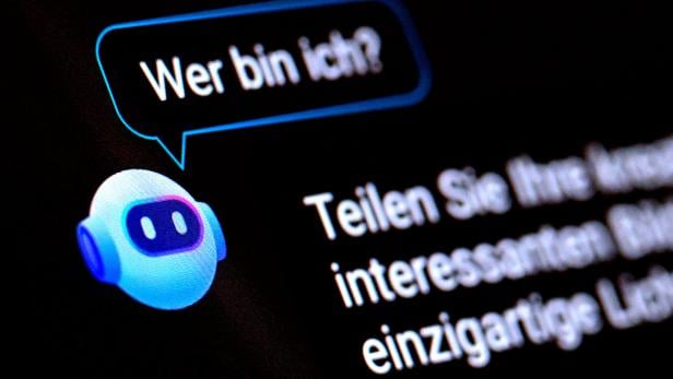 Ein stilisierter Roboterkopf mit einer Sprechblase, in der steht: „Wer bin ich?“.