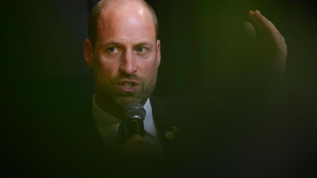 Prinz William mit Bart spricht in ein Mikrofon und gestikuliert.