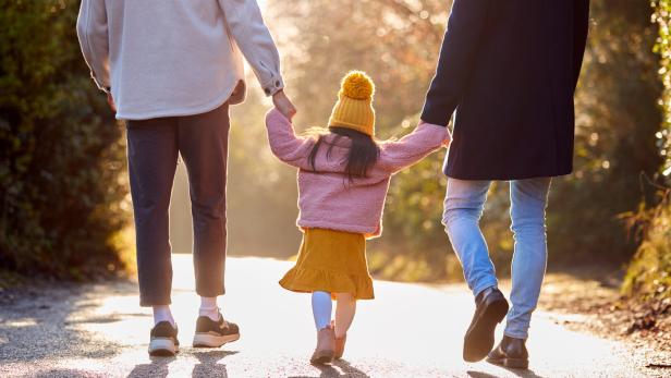 Rear View Of Family With Two Dads Taking Daughter For Walk In Fall Or Winter Countryside