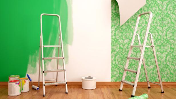 3d illustration of Painting wall and wallpapering green color