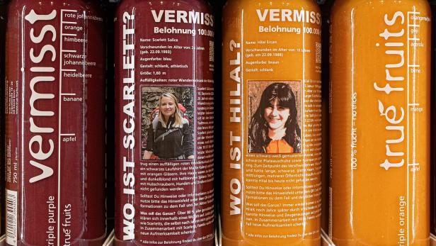 Bilder von vermissten Personen auf Smoothie-Flaschen