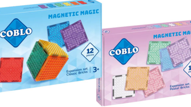 Zwei Coblo Magnetic Magic Baukästen, einer mit klassischen, der andere mit Pastellfarben.