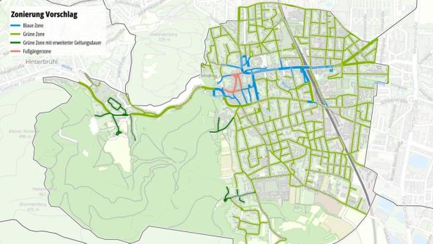 Eine Karte der geplanten Kurzparkzonen in Mödling