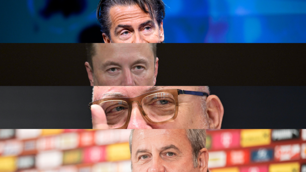 Collage aus Gesichtsausschnitten von Roland Weißmann, Elon Musk, Andreas Matthä und Josef Pröll.