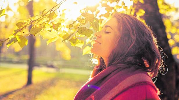 Eine Frau mit Schal genießt die Sonne unter einem Baum mit gelben Blättern.