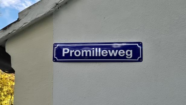 Hausmauer mit Adresstafel Promilleweg