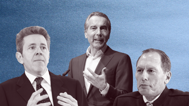 Eine Kollage vor blau-grauem Hintergrund mit Harald Mahrer, Christian Kern, Josef Moosbrugger