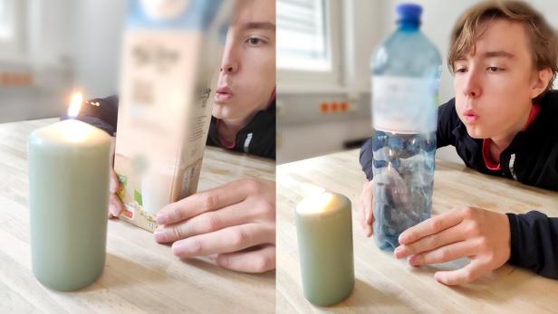 Eine Person versucht, eine Kerzenflamme auszublasen, wobei einmal ein Getränkekarton und einmal eine Plastikflasche im Weg steht.