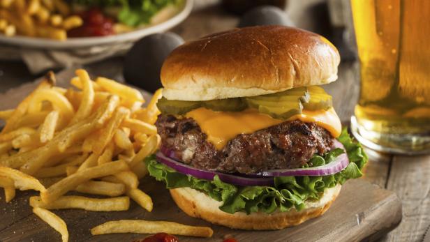 Huge grass fed bison hamburger with chips & beer